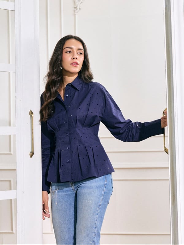 Navy Stud-Embellished Cinched-Waist Shirt — Style Island
