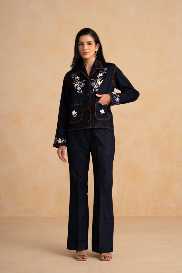 Midnight Blue Embroidered Corduroy Co-ord Set — Armoire