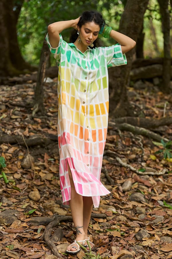 Multicolor Printed Midi Shirt Dress with Button-Down Front — Dash and Dot