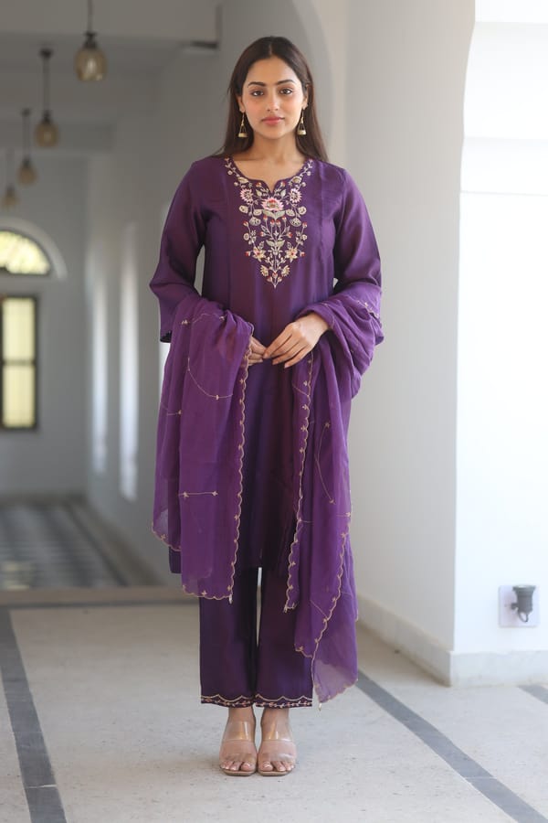 Purple Embroidered Chanderi Straight Kurta Set with Dupatta — Tatwa Designs