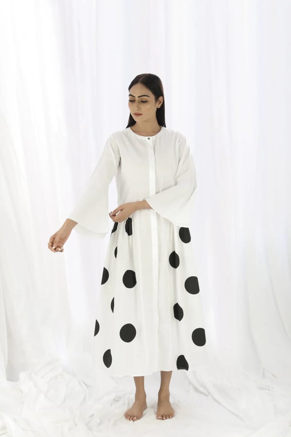 White and Black Polka Dot Button-Front Tiered Midi Dress — Khat