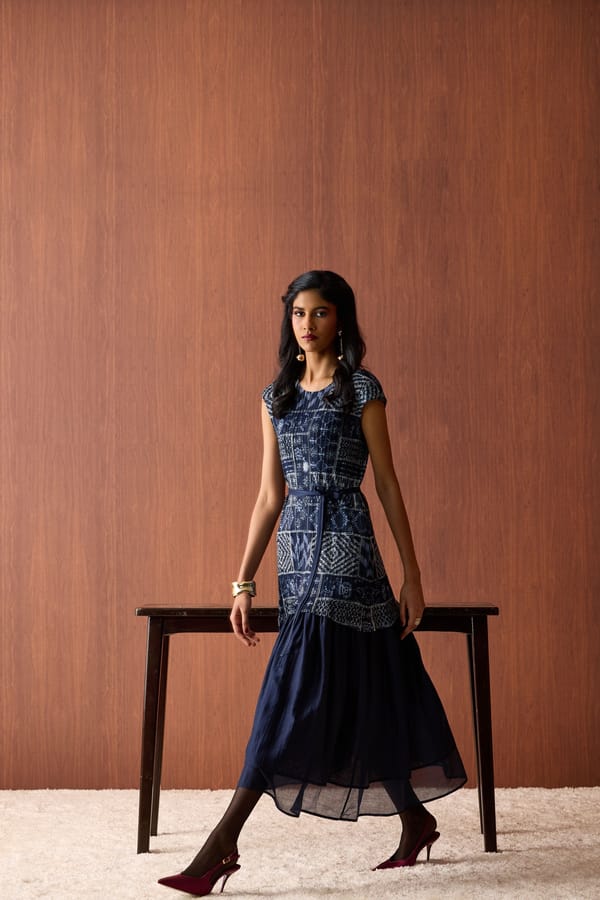 Navy Printed Pleated A-Line Midi Dress with Waist Tie — Scarlet Sage