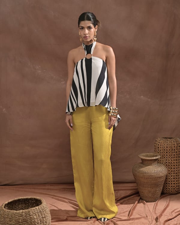 Yellow High-Waist Relaxed Straight-Leg Satin Trousers — Missy Co.