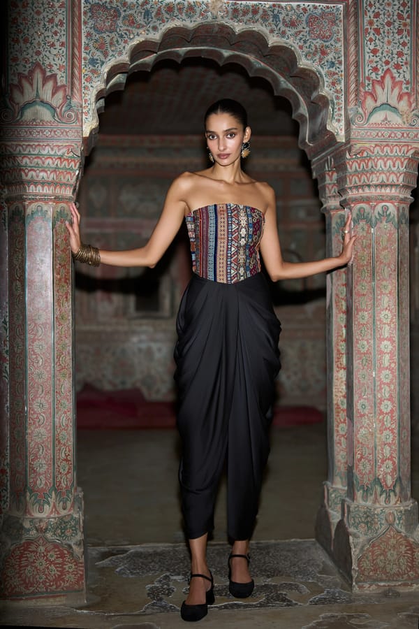 Ornamental Stripe Multicolour Corset Top & Black Draped Pant — Dash and Dot