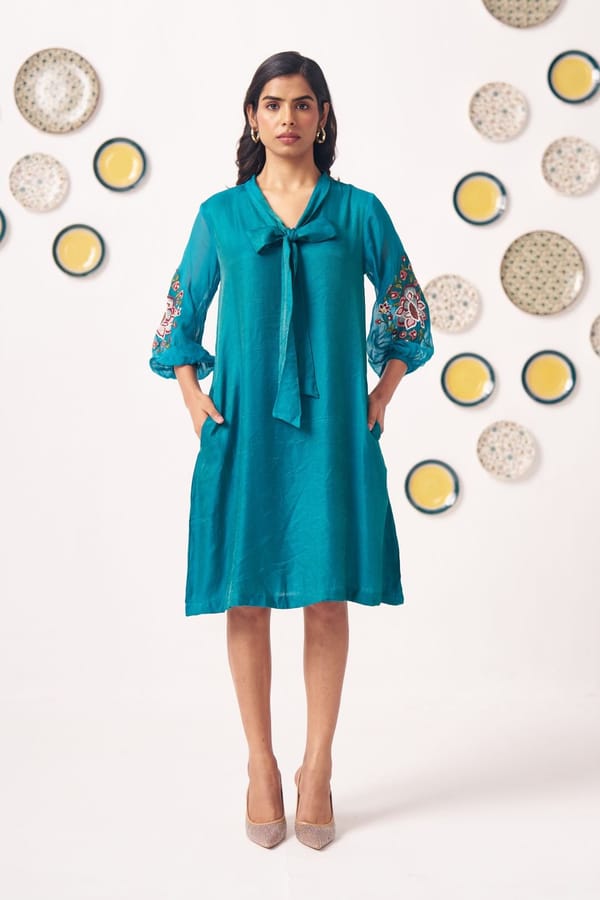 Teal Shimmer A-Line Knee-Length Dress with Bow-Tie Neck — Western Era