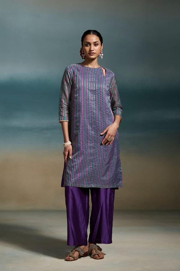 Teal Purple Striped A-Line Chanderi Silk Kurta Set — Dressfolk