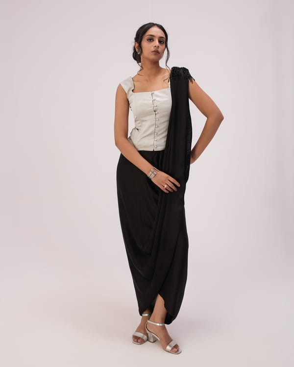 Grey Corset Top with Black Draped Maxi Skirt Co-ord Set — DORABI