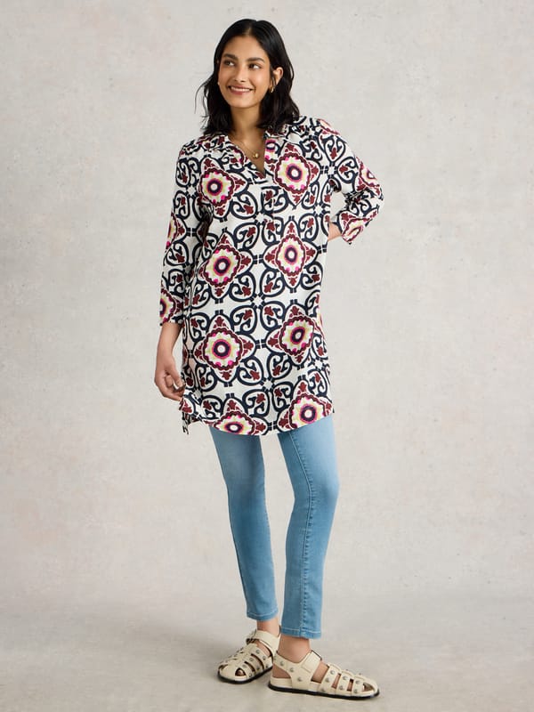 Ivory Printed Linen Collared Tunic with 3/4 Sleeves — White Stuff