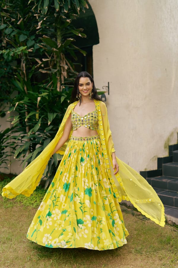 Yellow Floral Printed Mirror Work Lehenga Set — SURABHI ARYA