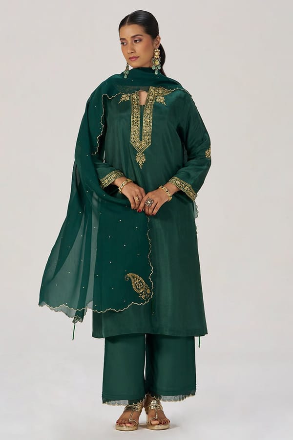 Deep Emerald Green Festive Silk Kurta Set — Ganga Fashions Pvt Ltd
