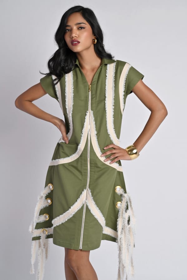 Olive Colorblocked Zip-Front Fringe Dress — Veera Wear