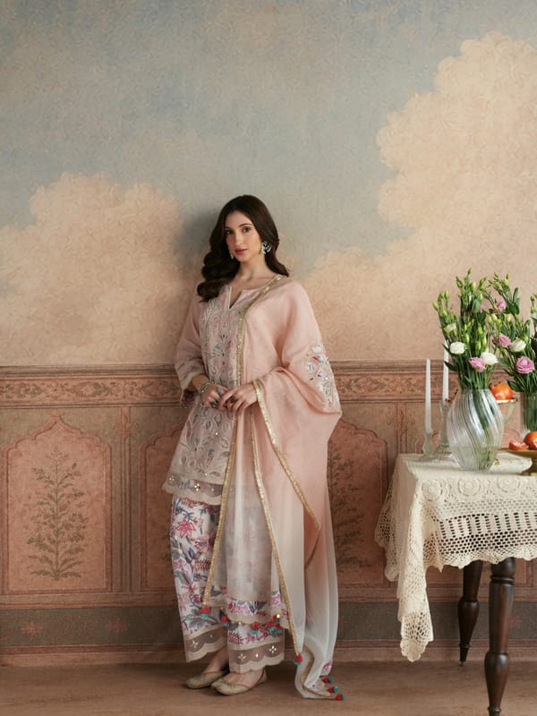 PEACH & WHITE SHORT KURTA WITH FARSHI SALWAR & DUPATTA — TASHA INDIA