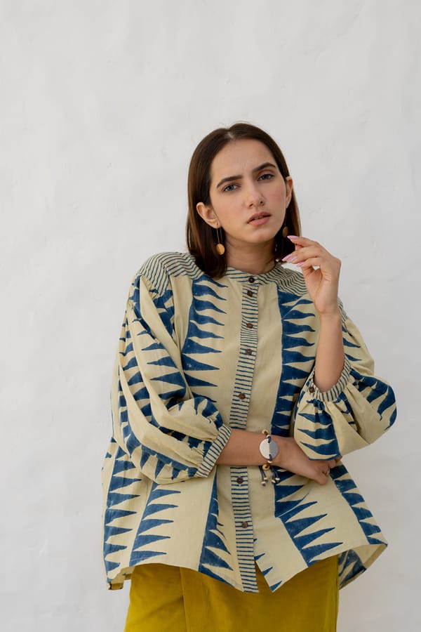 White and Indigo Block Print Cotton Button-Front Top — Vraj Bhoomi
