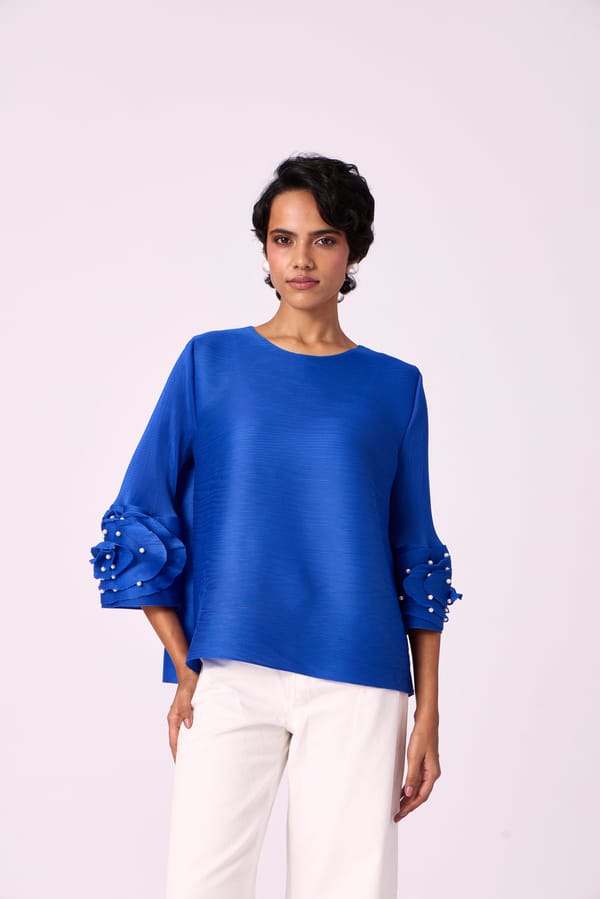 Azure Blue Pleated Top with Pearl Applique Sleeves — Scarlet Sage