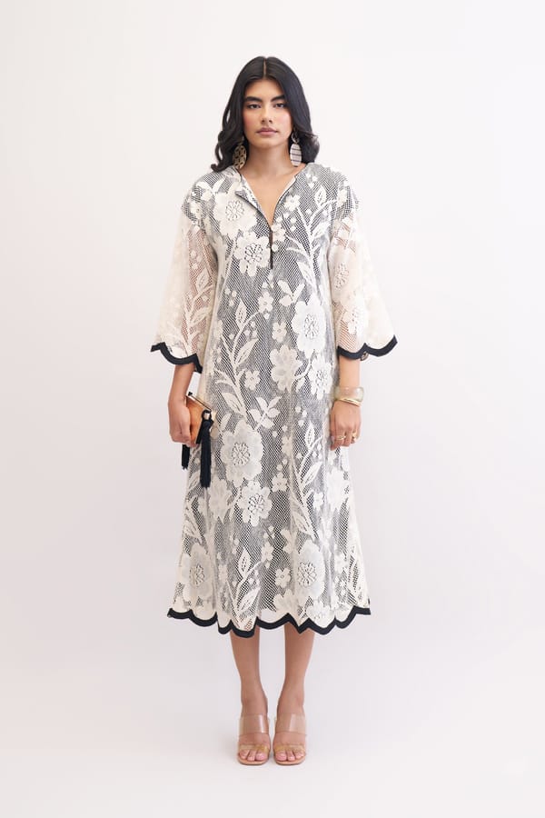 Ivory Cotton Lace Midi Kaftan Dress with Black Trim — Our Love