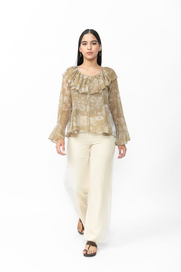 Brown Sheer Chiffon Ruffle Neck Printed Blouse — Contemponari