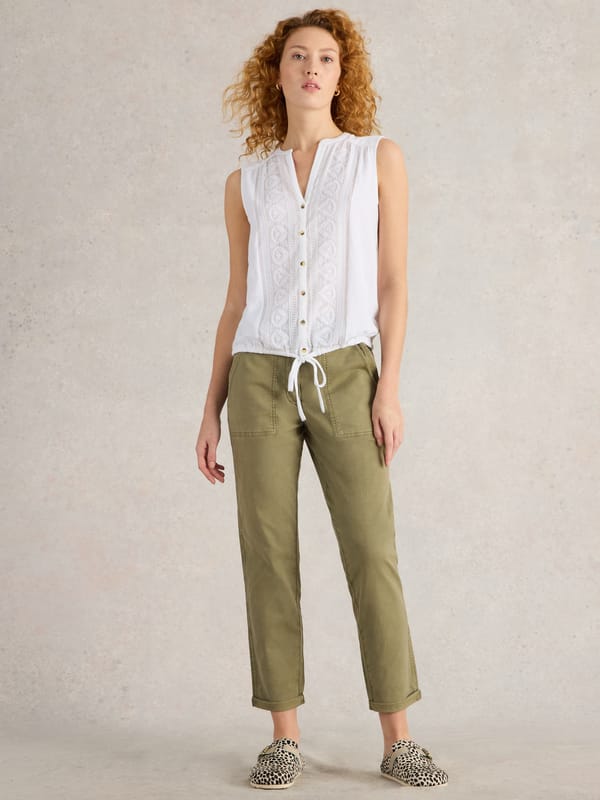 White Sleeveless Shirt with Tonal Embroidery and Hem Tie — White Stuff