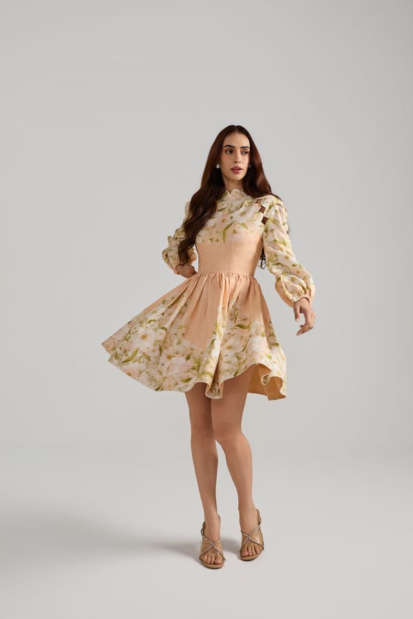 Peach Floral High Neck Fit and Flare Mini Dress — Prink Tonic