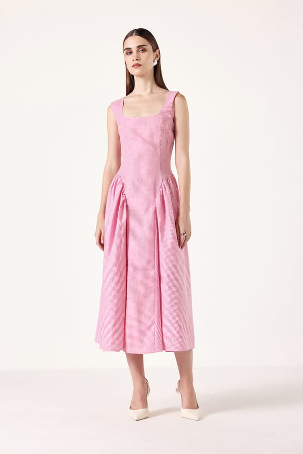 Pink Gingham Corset Fit and Flare Midi Dress — Muvazo