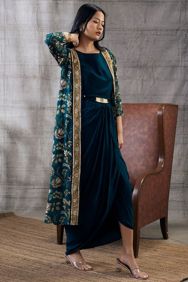 Mehr Drape Dress With Printed Jacket — SOUP by Sougat Paul