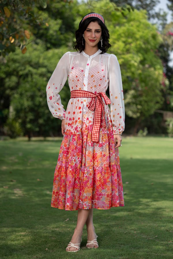 Multicolor Floral Tiered Georgette Midi Dress — AVERIE