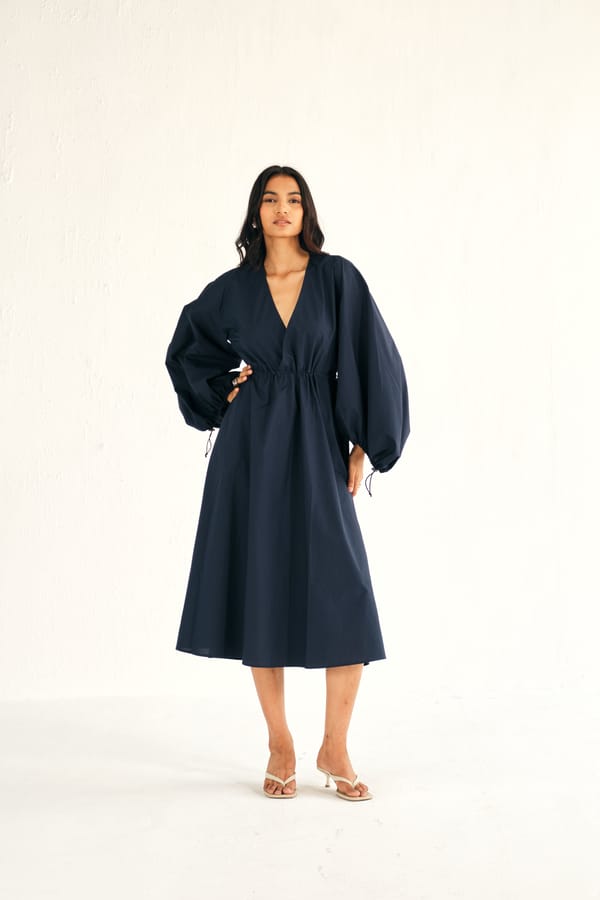 Navy Poplin Midi Dress with Cinched Waist and Balloon Sleeves — Shop Staple