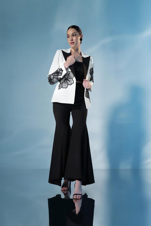 Ivory/Black Floral Applique Blazer Co-ord Set — Label IRIS