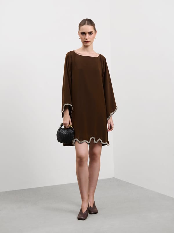 Mocha Brown Mini Shift Dress with Rhinestone Trim — MADISON