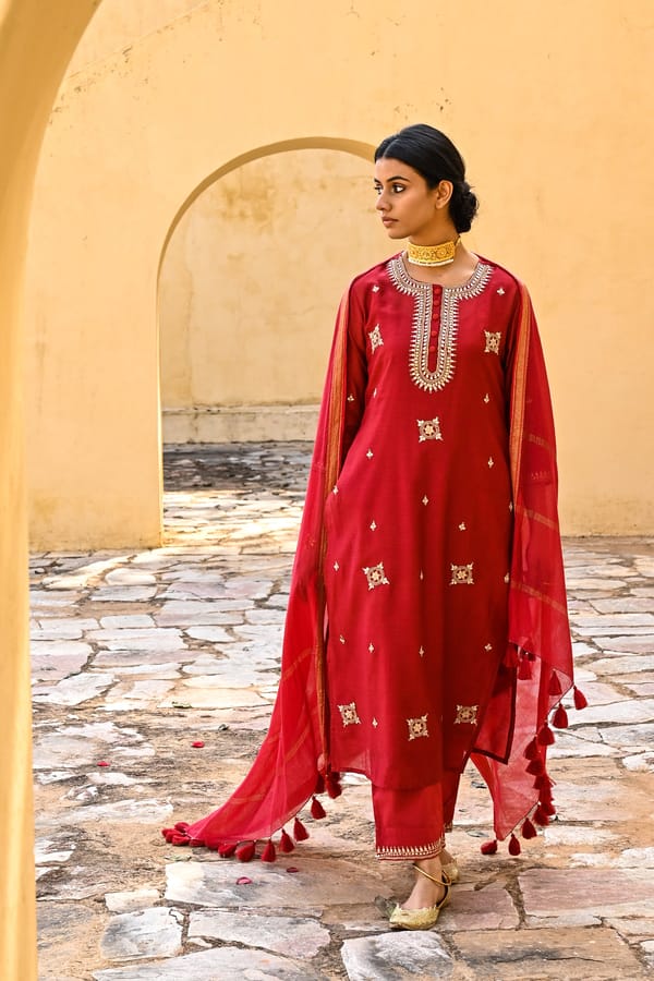 Bright Red Gota Work Chanderi Suit Set — Kameez