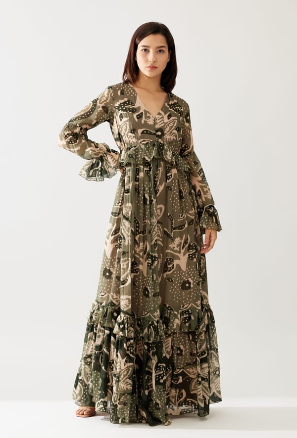 Green And Cream Floral Frill Long  Dress — KoAi