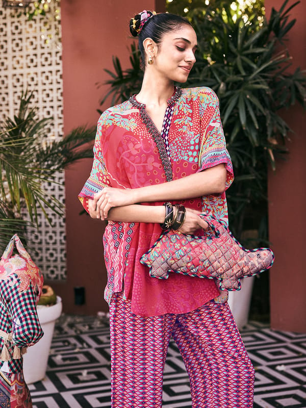 Pink Printed Co-ord Set with Embellished V-Neck Top — SAUNDH
