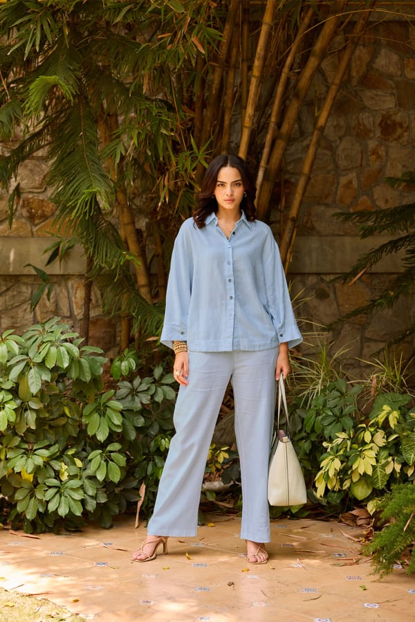 Blue Linen-Blend Shirt and Wide-Leg Pants Co-ord Set — Eko Clothing