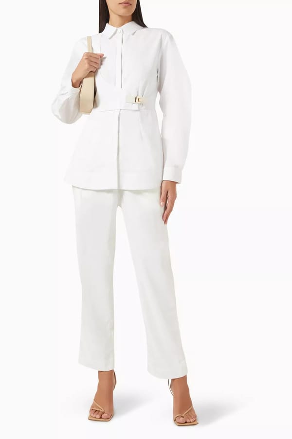 White Cotton Poplin Belted Waist Shirt — NOTEBOOK