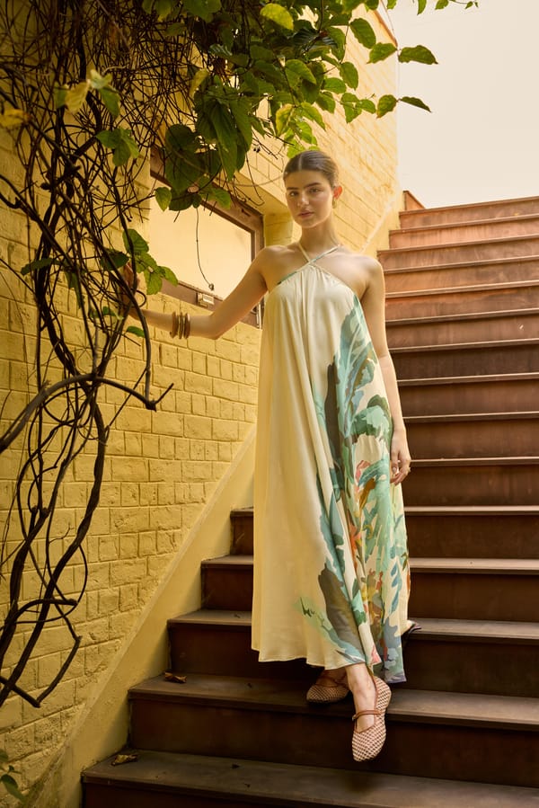 Beige Halter Neck Tropical Print Poplin Maxi Dress — HAPPI SPACE