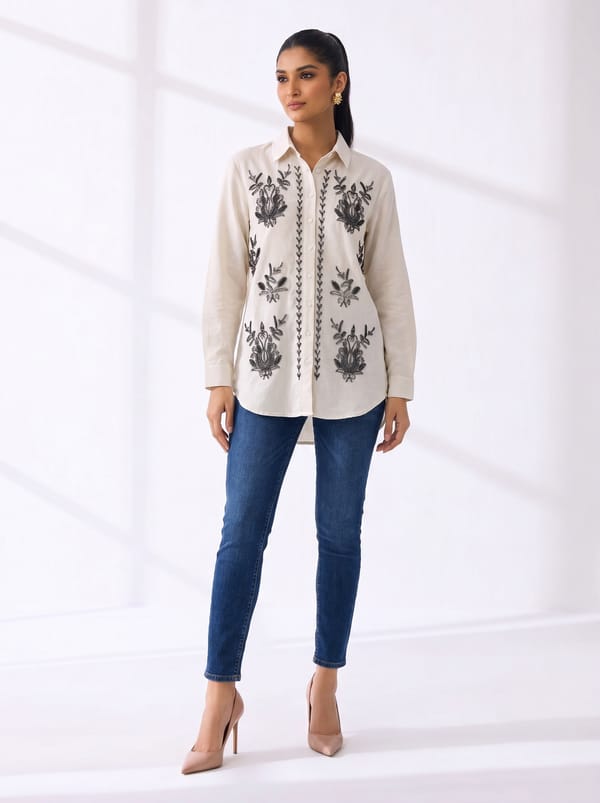 Cream Linen Embroidered Button-Down Shirt — THE LUXURY DRESSING
