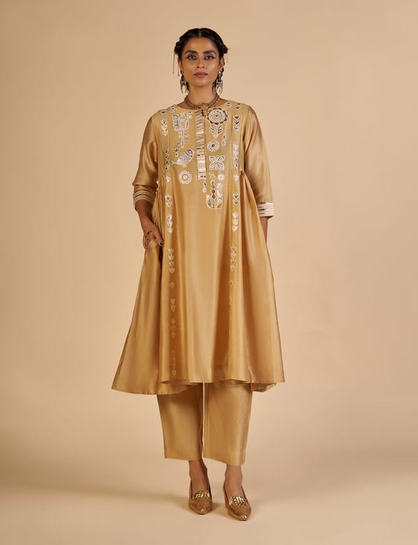 Beige Silk Chanderi Gota Embroidered Flared Kurta — Gulabo by Abu Sandeep
