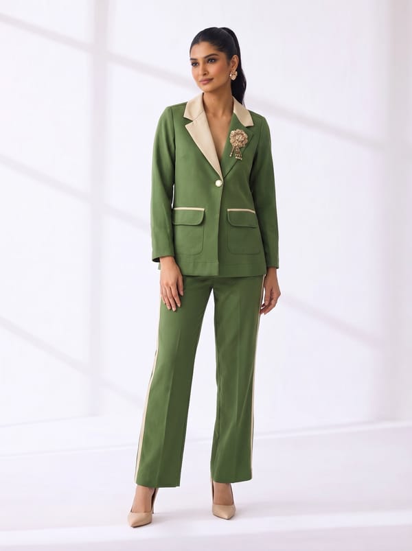 Olive Green Blazer and Wide-Leg Pants Co-ord Set — BUMBLEBEE