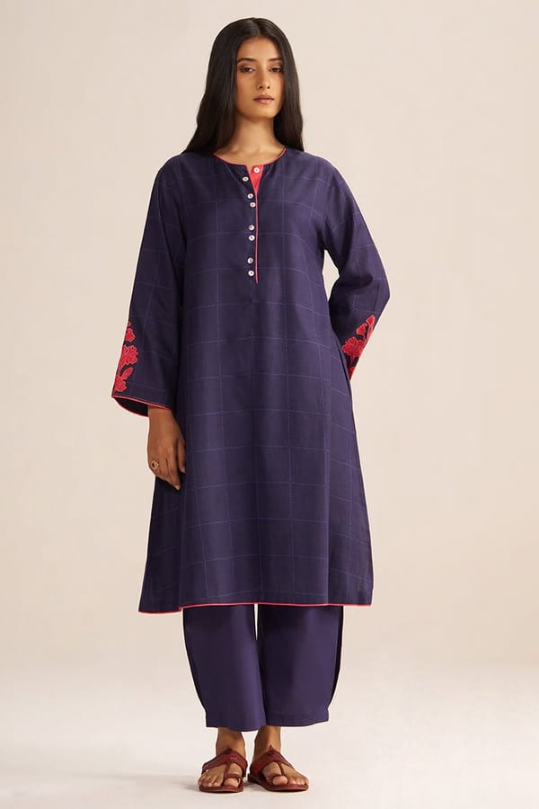 Deep Blue Checked Kurta and Wide-Leg Pants Co-ord Set — Ganga Fashions Pvt Ltd