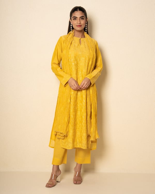 Golden Yellow Chanderi Yellow Floral Embroidered Suit Set (Set Of 3) — Kameez