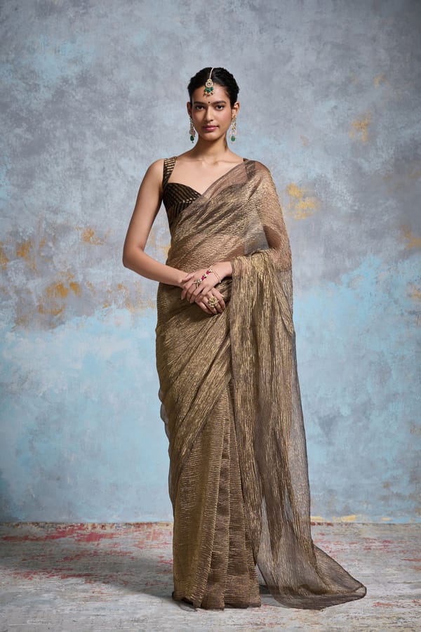 Black Metallic Crinkle Tissue Saree with Gold Zari — Dressfolk