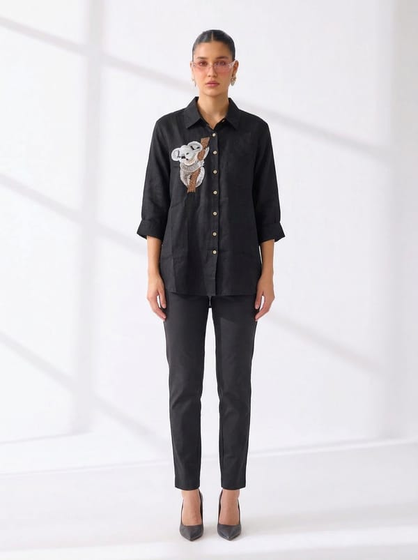 Black Linen Koala Embroidered Button-Down Shirt — Linen Bloom