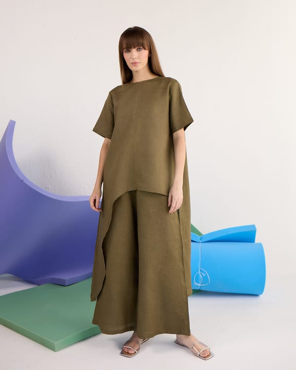 Pine Green Linen Co-ord Set with Asymmetric Tunic Top — AUR
