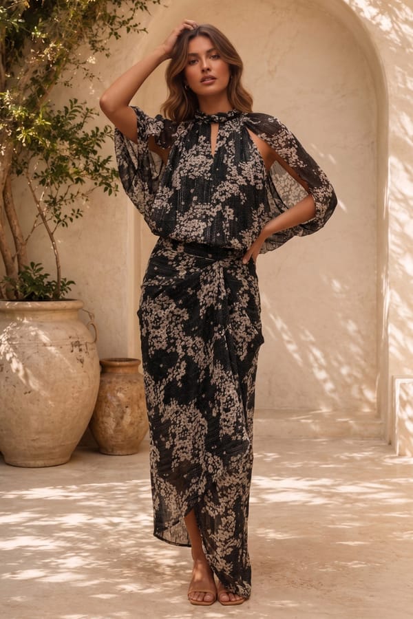 Rich Black Floral Georgette Blouse and Midi Skirt Co-ord Set — BOHO-CHIC