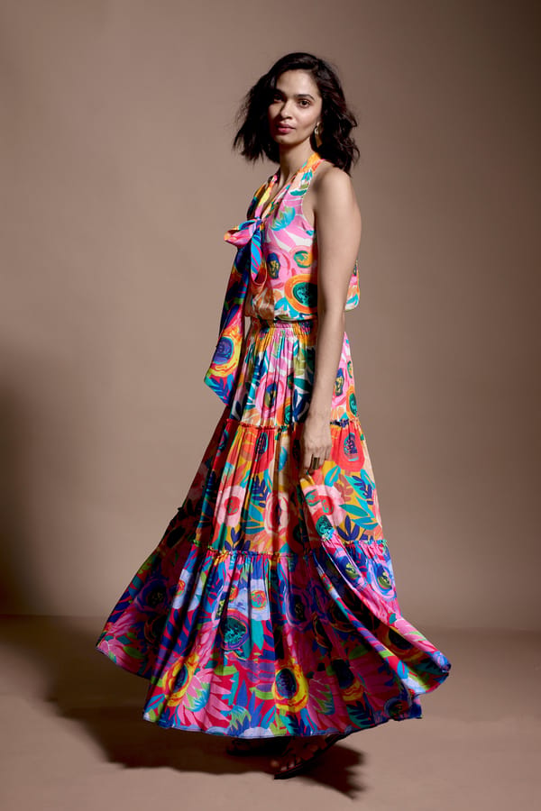 Multicolour Tiered Abstract Floral Maxi Skirt — Dash and Dot