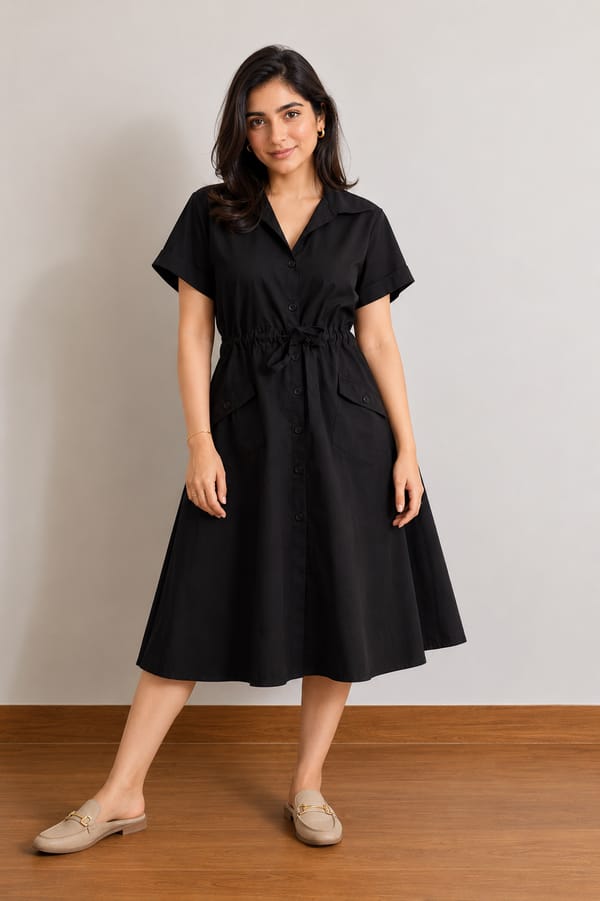 Black Cotton Midi Shirt Dress with Tie Waist — Loma Naturally