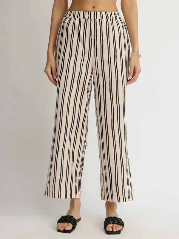 Off-White and Black Striped Flared Cotton Trousers — Pink Fort