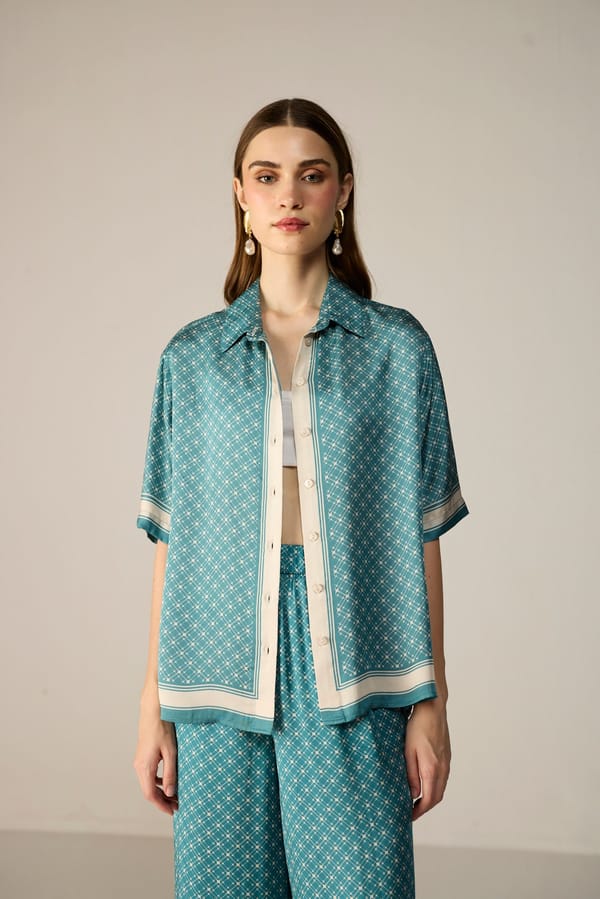 Teal Abstract Printed Oversized Short Sleeve Shirt — Calling June
