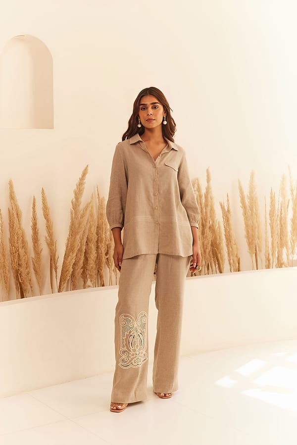 Beige Linen-Blend Wide-Leg Trousers with Cutwork Appliqué — INCHING INDIA