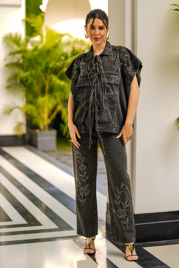 Black Denim Tie-Up Top and Wide-Leg Pants Co-ord Set — KAY KAY
