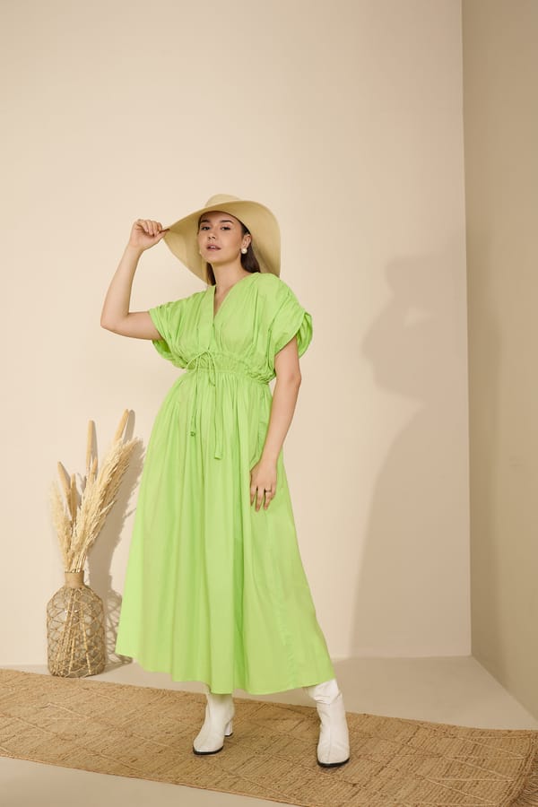Neon Green V-Neck Fit and Flare Maxi Dress — GAIMA LABEL